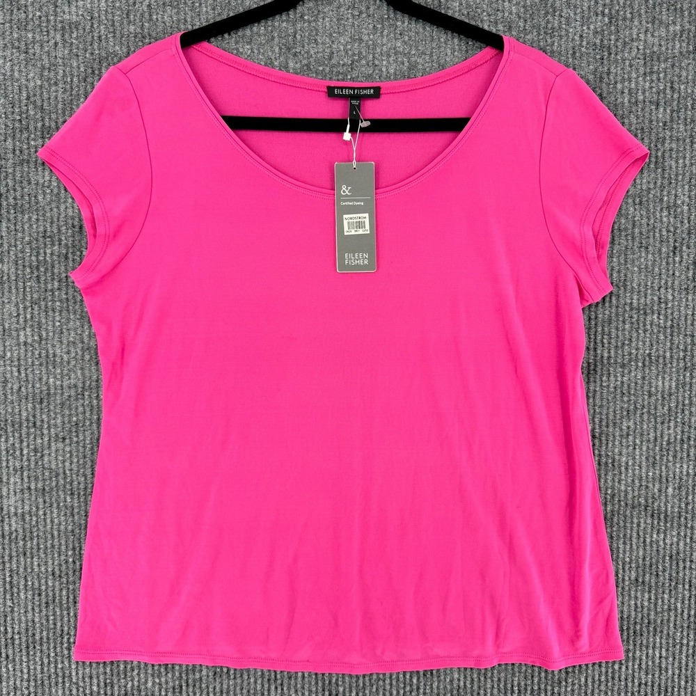 Eileen Fisher 100% Silk shirt scoop neck cap sleeve tee Lotus pink Large New